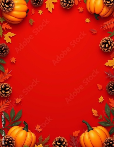 Vibrant autumn border featuring pumpkins leaves and pinecones against a rich red backdrop ideal for fall and thanksgiving themes halloween backdrop border background  spooky illustration decoratio