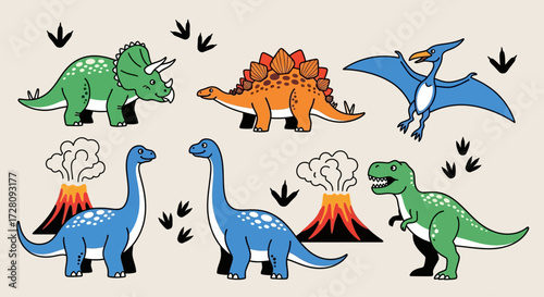 A collection of colorful cartoon dinosaurs including T-Rex, Triceratops, Stegosaurus, Brontosaurus, and Pterodactyl, with erupting volcanoes and footprints.