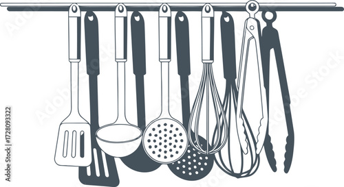 Minimalist kitchen utensils hanging on chrome bar vector illustration