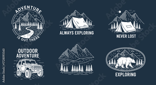 A collection of six vintage-style outdoor adventure logos featuring mountains, forests, tents, an off-road vehicle, and a bear, with inspirational exploration text.