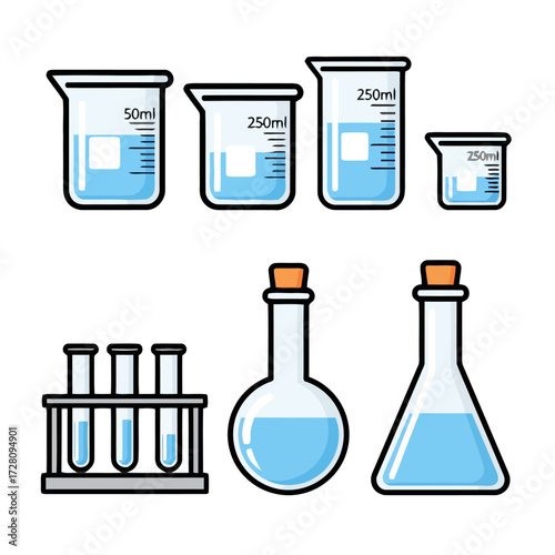 Collection laboratory glassware including beakers, flasks, and test tubes filled with blue liquid, , symbolizing science and chemistry