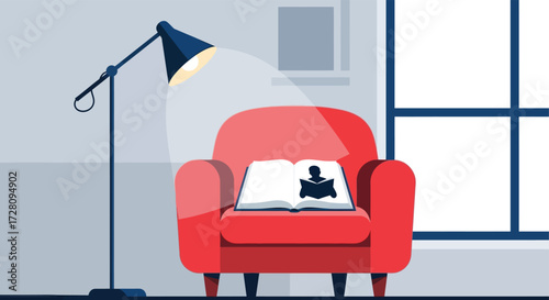 Cozy reading nook with red armchair, open book, and floor lamp vector illustration