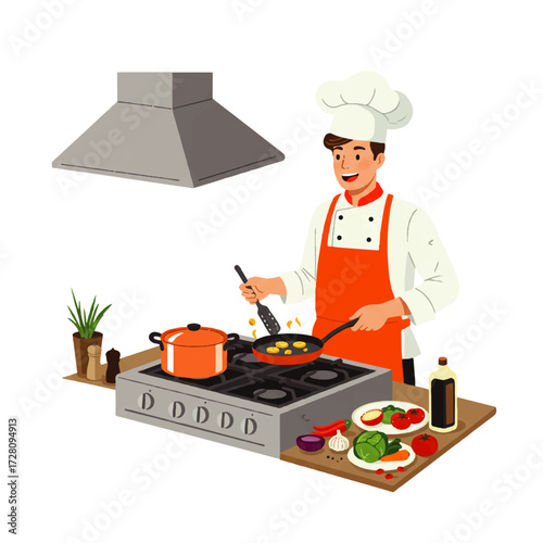 A smiling chef wearing an apron and hat cooks eggs in a pan on a stove in a kitchen.