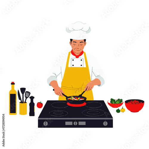 A chef wearing a white uniform and yellow apron cooks food in a pan on a stove, surrounded by ingredients and utensils.
