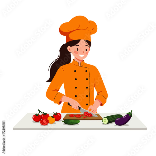 A smiling female chef in orange uniform is cutting tomatoes on a wooden board surrounded by fresh vegetables.