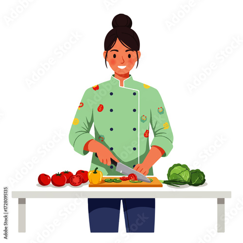 A smiling female chef in a green uniform is chopping vegetables on a wooden cutting board, preparing a healthy meal.