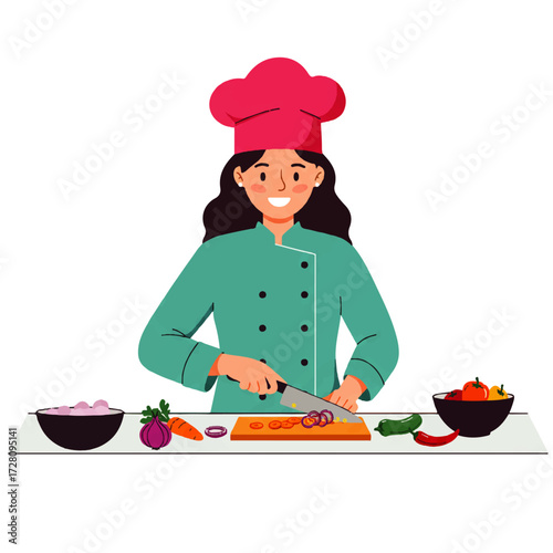 A smiling female chef in a pink hat and green uniform cuts vegetables on a wooden board, preparing a meal with fresh ingredients.