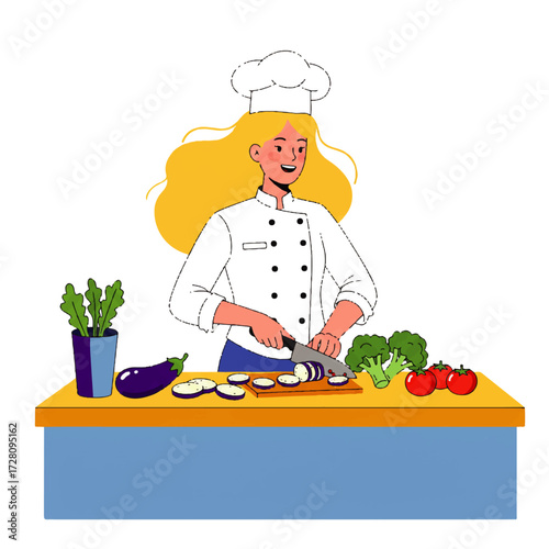 A blonde female chef in uniform cuts eggplant on a wooden board, surrounded by broccoli, tomatoes, and a potted herb.