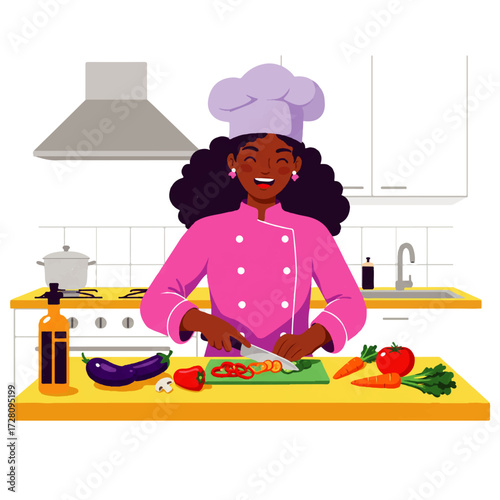 A smiling female chef with dark skin and curly hair is cutting vegetables on a cutting board in a bright kitchen.