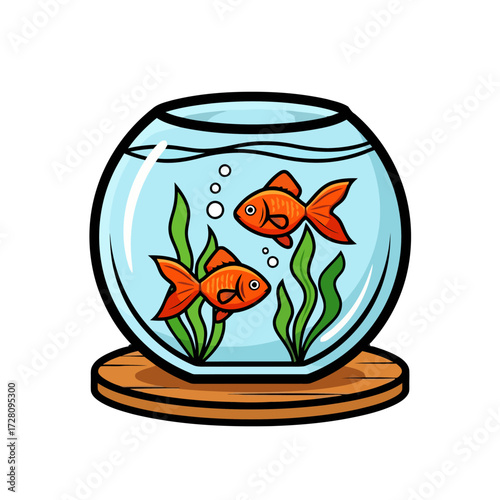 Two orange goldfish swimming in round fishbowl with green aquatic plants and bubbles, isolated on transparent