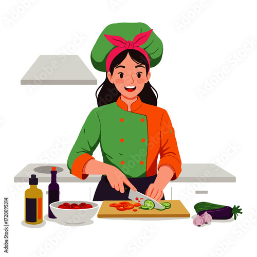 A smiling female chef in a colorful uniform cuts vegetables on a wooden board in a bright kitchen setting.