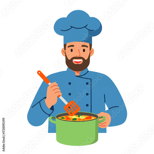 Smiling chef in blue uniform stirs a pot of soup with a spatula, preparing a meal.