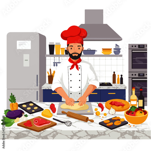 A chef with a red hat prepares food in a kitchen, kneading dough surrounded by ingredients and appliances.