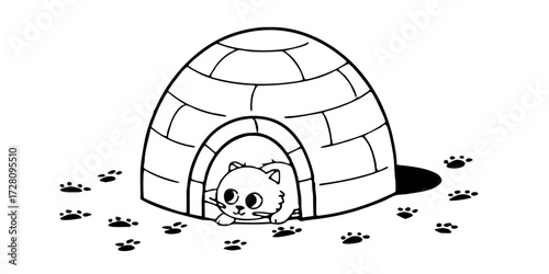 Cute cat in igloo illustration vector art drawing kitten pet animal feline paw print cartoon arctic design