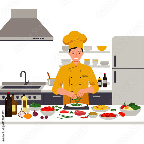 A smiling chef in a yellow uniform prepares fresh ingredients on a kitchen counter with various foods, appliances, and shelves in the background.