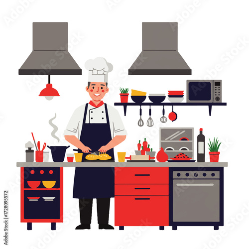 A smiling chef in a kitchen is cutting food on a counter, with cooking utensils, appliances, and ingredients visible in the background.