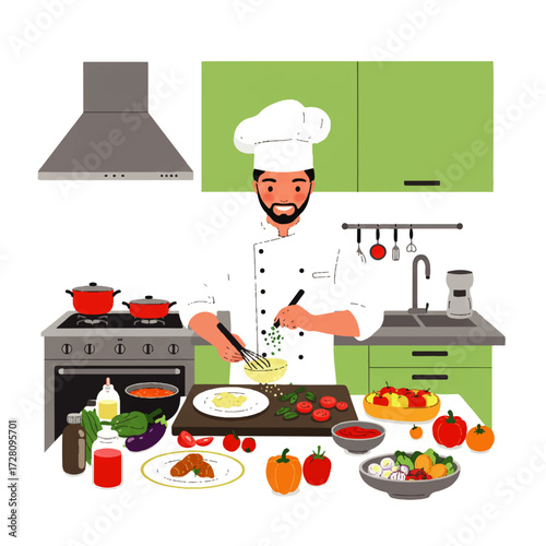 Chef in a kitchen preparing a meal, whisking ingredients in a bowl with various vegetables and cooked dishes around him.