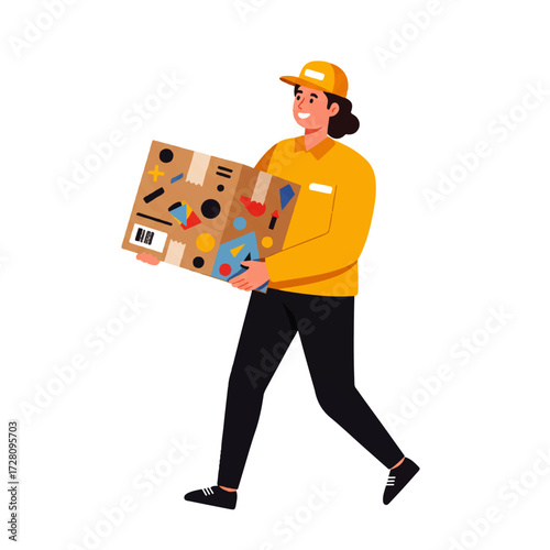 Delivery woman in yellow uniform carrying a large cardboard box with colorful abstract designs.