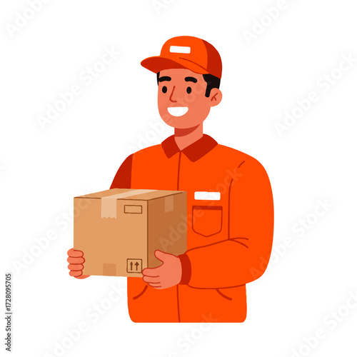 A smiling delivery man in an orange uniform and cap holds a cardboard box against a white background.