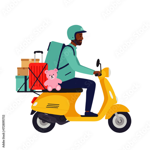 An African-American delivery man wearing a helmet rides a yellow scooter carrying packages, a suitcase, and a teddy bear.