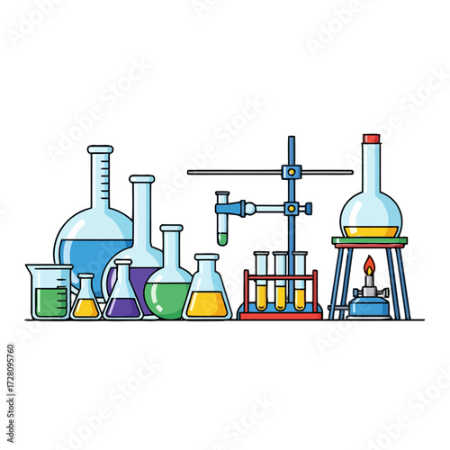 Collection colorful laboratory glassware and equipment, including flasks, beakers, test tubes, bunsen burner, and retort stand, arranged on transparent, representing science and chemistry experiments