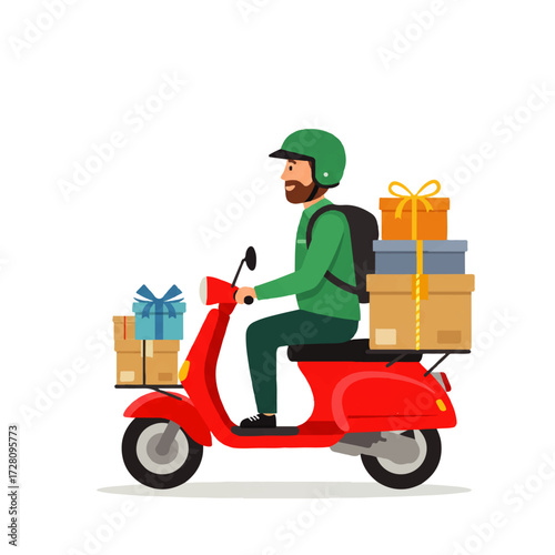 A delivery man with a beard wearing a helmet rides a red scooter carrying a stack of gift boxes.