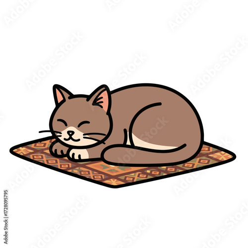 Cute cartoon brown cat sleeping peacefully on patterned rug
