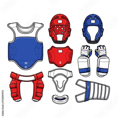 Collection protective gear for martial arts or combat sports, including blue and red chest protector, red and blue helmets, red shin guards, and blue and gloves, isolated on transparent