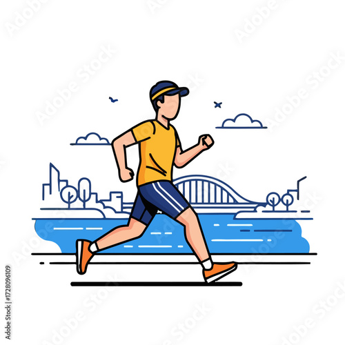 Man running outdoors with city skyline and bridge in the, representing fitness, exercise, and healthy lifestyle