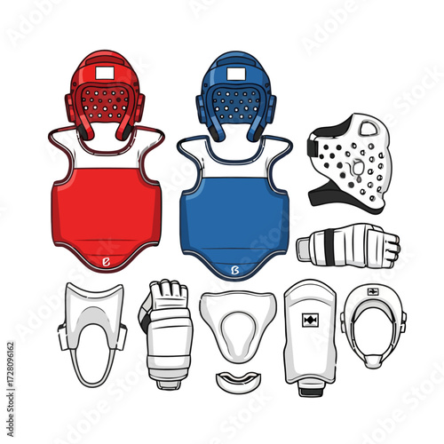 Collection martial arts protective gear including chest protectors, helmets, and gloves for sparring and combat sports