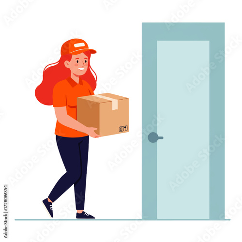 A smiling female delivery worker in an orange uniform carries a cardboard box towards a light blue door.