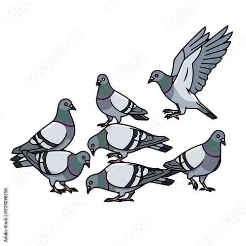 Group six cartoon pigeons in various poses, some standing, some pecking, and one with wings spread as if taking flight, isolated on transparent