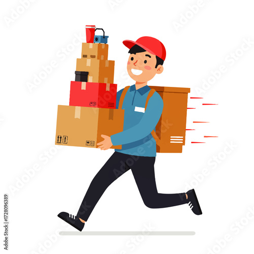 Cartoon illustration of a smiling delivery man running with a stack of boxes and a large package on his back, indicating speed and efficiency.