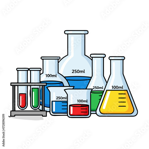 Collection laboratory glassware including beakers, flasks, and test tubes filled with colorful liquids, isolated on transparent