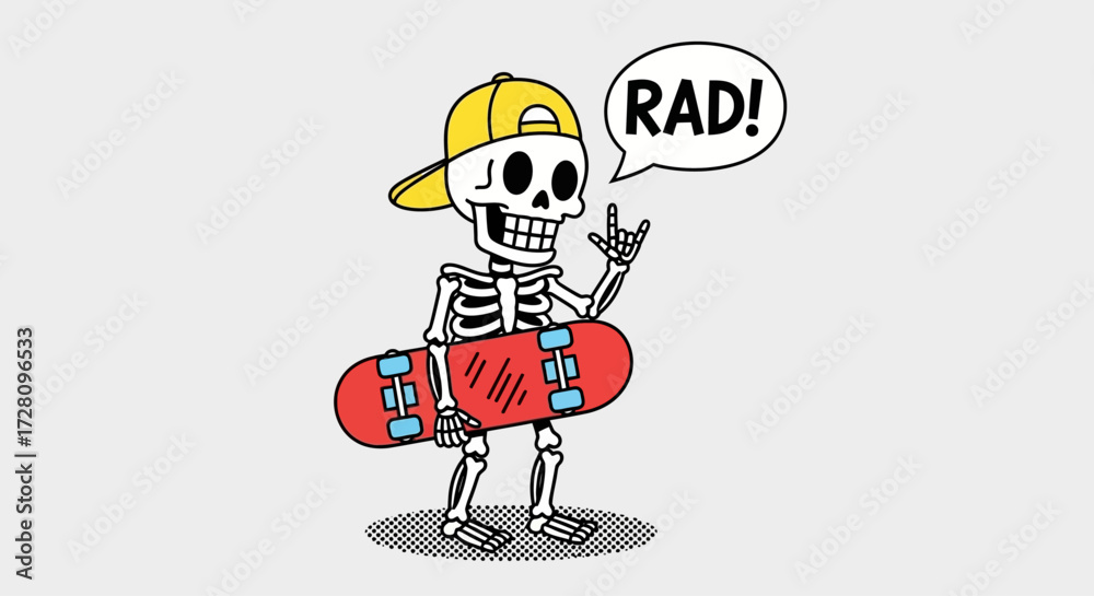 Fototapeta premium Cartoon skeleton wearing a yellow cap, holding a red skateboard, making a rock gesture, and exclaiming 'RAD!'.