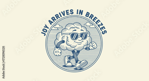 A retro cartoon illustration of a happy cloud character with sunglasses walking, encircled by the text 'JOY ARRIVES IN BREZES' on a light background.