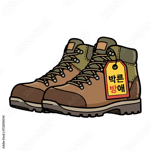 Pair brown and green hiking boots with yellow tag, isolated on transparent