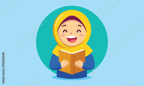 Cute Cartoon Illustration of Muslim Girl Reading Book