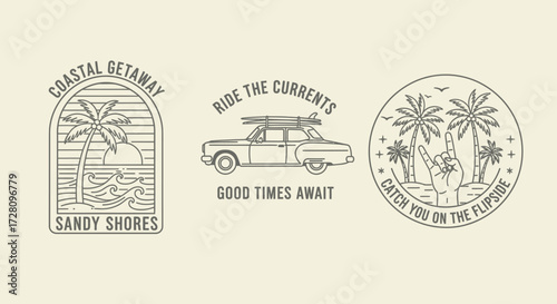 Three minimalist line art illustrations depicting coastal getaways, a vintage car with surfboards, and a beach scene with palm trees and a peace sign, all on a light background.