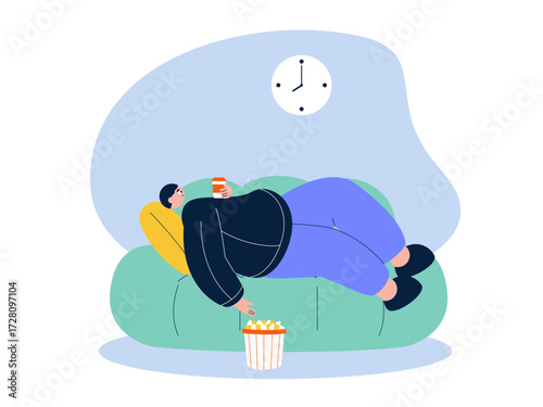 Eating and drinking while lying on the sofa. Laziness illustration. Flat vector illustration.