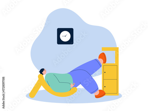 Leaning on a unique chair with one leg propped up against a cupboard. Laziness illustration. Flat vector illustration.