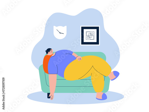 Lying all day without knowing the time. Laziness illustration. Flat vector illustration.