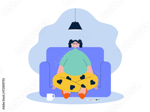 Falling asleep on the couch without tidying up the cutlery. Laziness illustration. Flat vector illustration.
