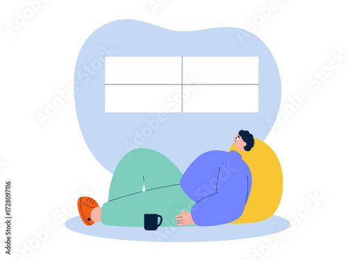 Lying all day without knowing the time. Laziness illustration. Flat vector illustration.