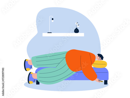 Lying on a couch while playing smartphone. Laziness illustration. Flat vector illustration.