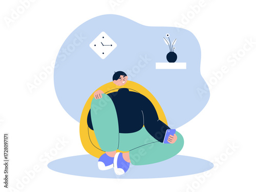 Playing with a smartphone until you fall asleep. Laziness illustration. Flat vector illustration.