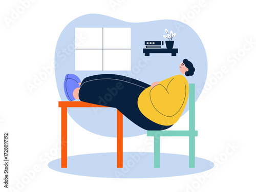 Sleeping sitting on a chair and leaning back also her feet are placed on the table. Laziness illustration. Flat vector illustration.