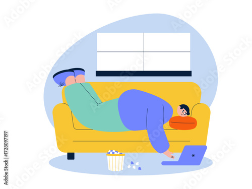 Playing laptop while lying down without paying attention to scattered popcorn. Laziness illustration. Flat vector illustration.
