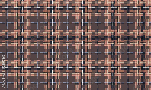 This seamless plaid pattern, in brown, orange, navy, and white, creates a warm yet vibrant atmosphere, perfect for designing clothes, skirts, pants, and contemporary fashion.
