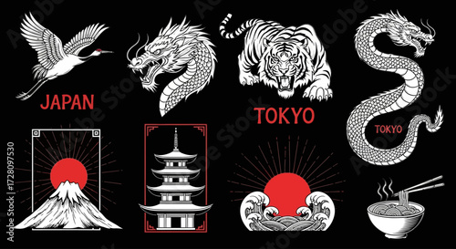 A collection of traditional Japanese cultural and symbolic elements including animals, landmarks, and food, in a graphic art style.